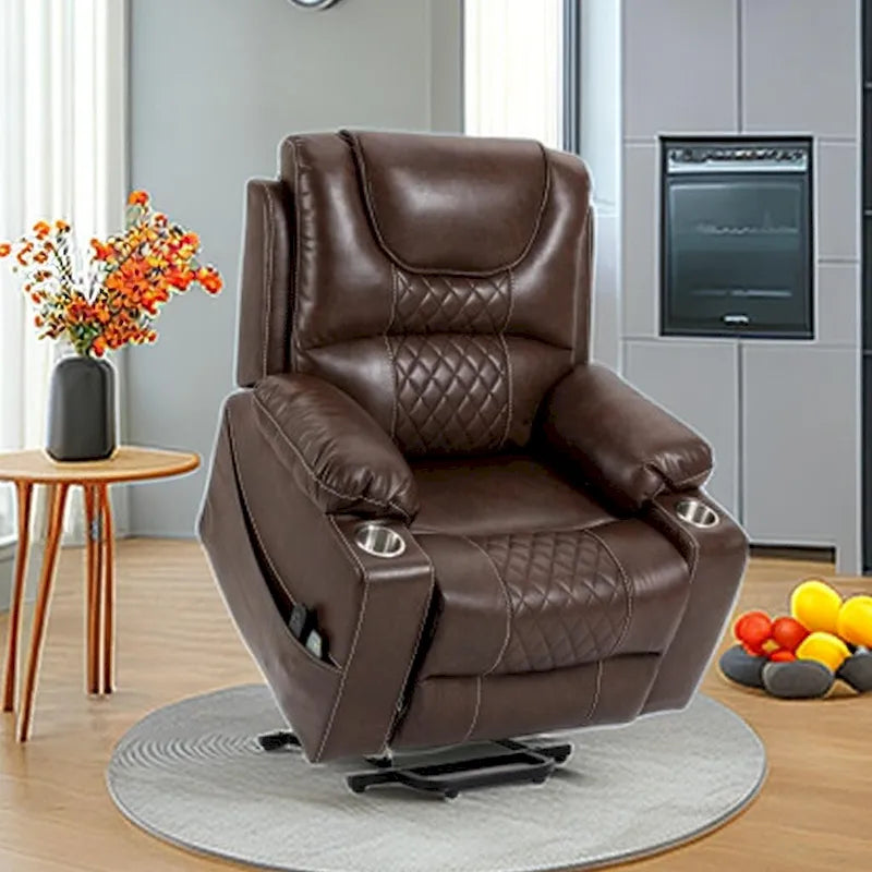 Fauteuil inclinable releveur électrique avec massage, chauffage, deux moteurs, en cuir PU marron