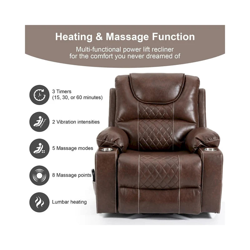 Fauteuil inclinable releveur électrique avec massage, chauffage, deux moteurs, en cuir PU marron