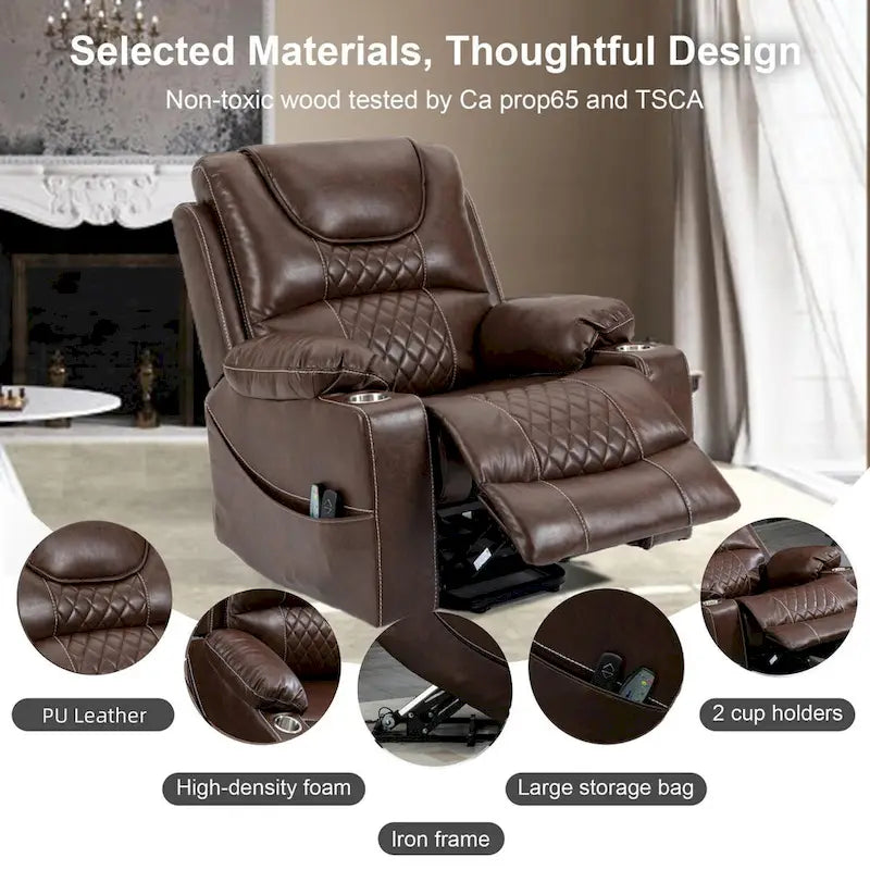 Fauteuil inclinable releveur électrique avec massage, chauffage, deux moteurs, en cuir PU marron