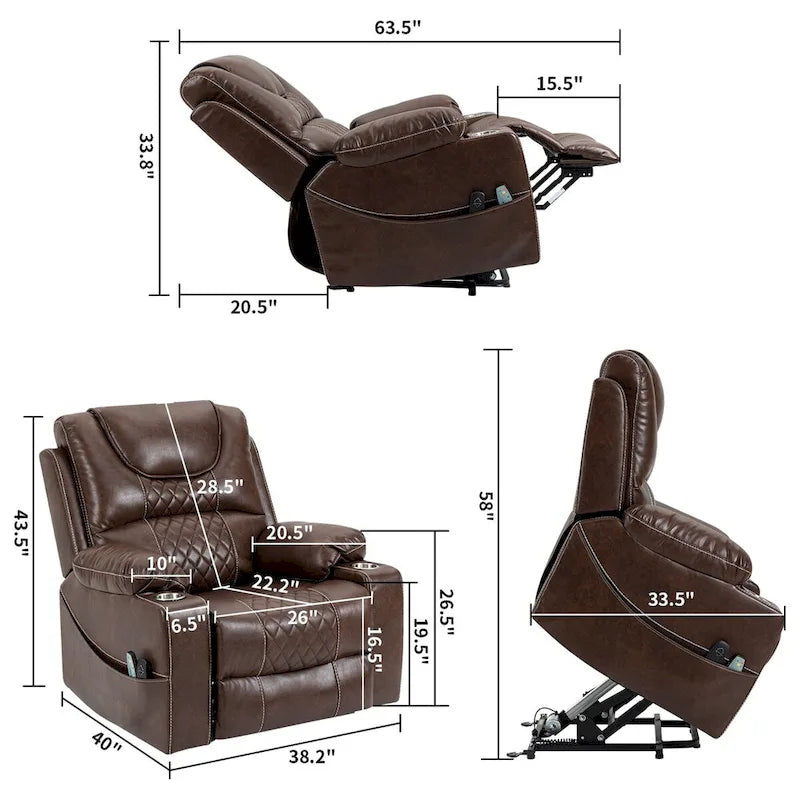 Fauteuil inclinable releveur électrique avec massage, chauffage, deux moteurs, en cuir PU marron