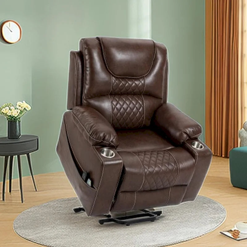 Fauteuil inclinable releveur électrique avec massage, chauffage, deux moteurs, en cuir PU marron