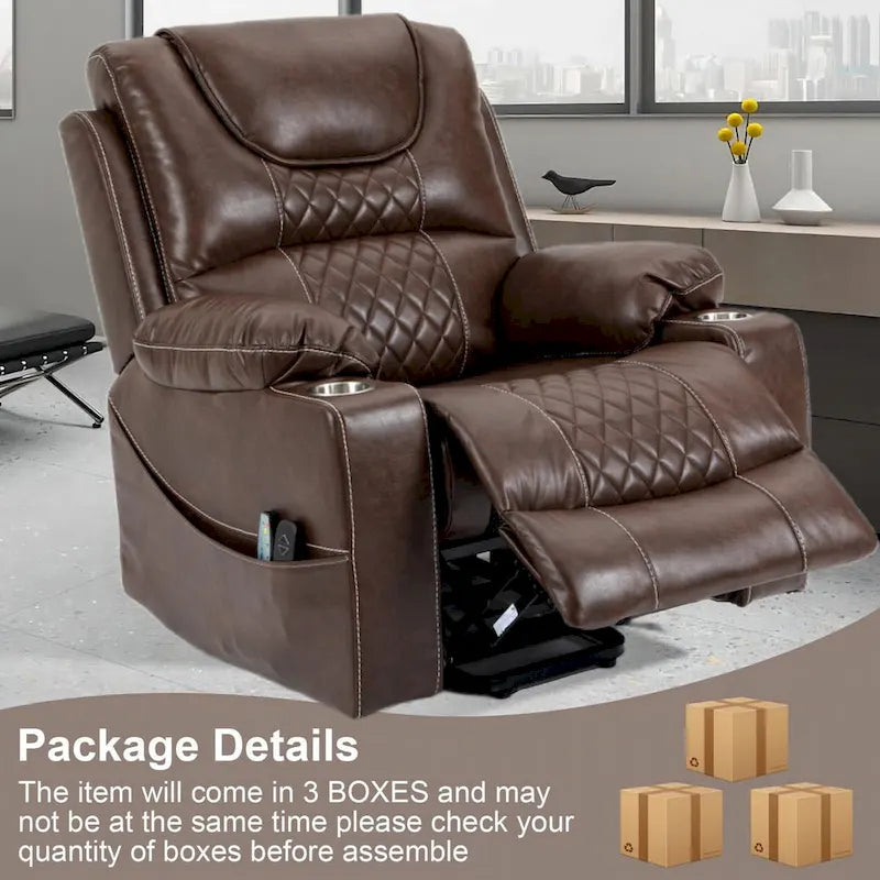 Fauteuil inclinable releveur électrique avec massage, chauffage, deux moteurs, en cuir PU marron