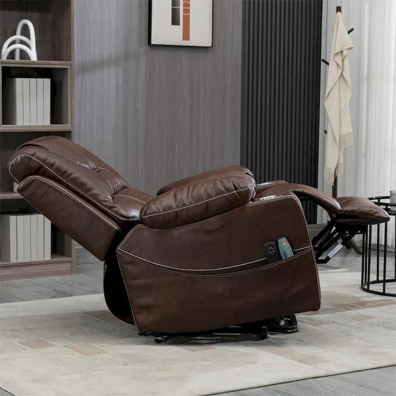 Fauteuil inclinable releveur électrique avec massage, chauffage, deux moteurs, en cuir PU marron