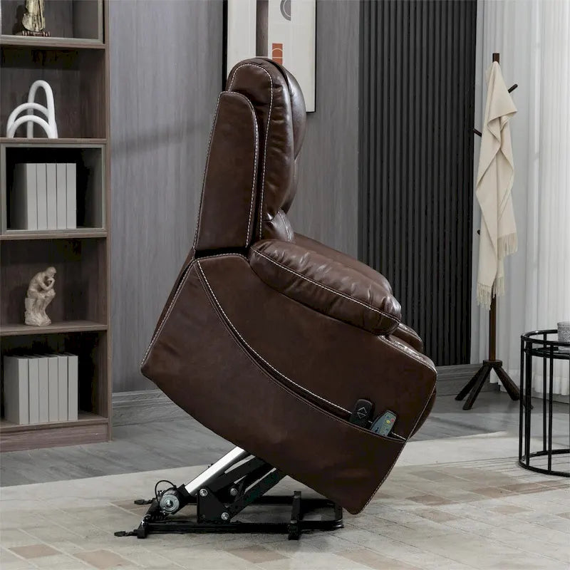 Fauteuil inclinable releveur électrique avec massage, chauffage, deux moteurs, en cuir PU marron