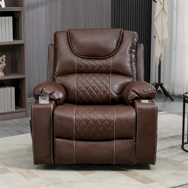 Fauteuil inclinable releveur électrique avec massage, chauffage, deux moteurs, en cuir PU marron