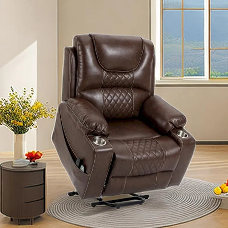 Fauteuil inclinable releveur électrique avec massage, chauffage, deux moteurs, en cuir PU marron