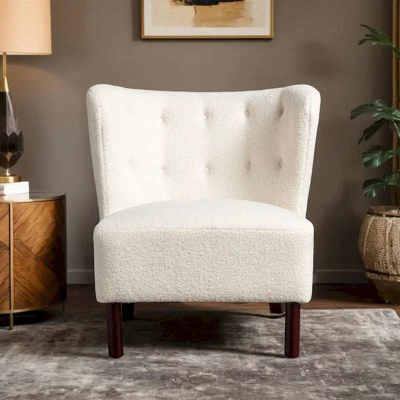 Fauteuil d'appoint sans accoudoirs, en tissu bouclette capitonné, avec pieds en bois de noyer, revêtement en sherpa