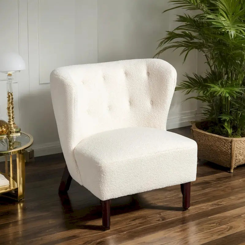 Fauteuil d'appoint sans accoudoirs, en tissu bouclette capitonné, avec pieds en bois de noyer, revêtement en sherpa