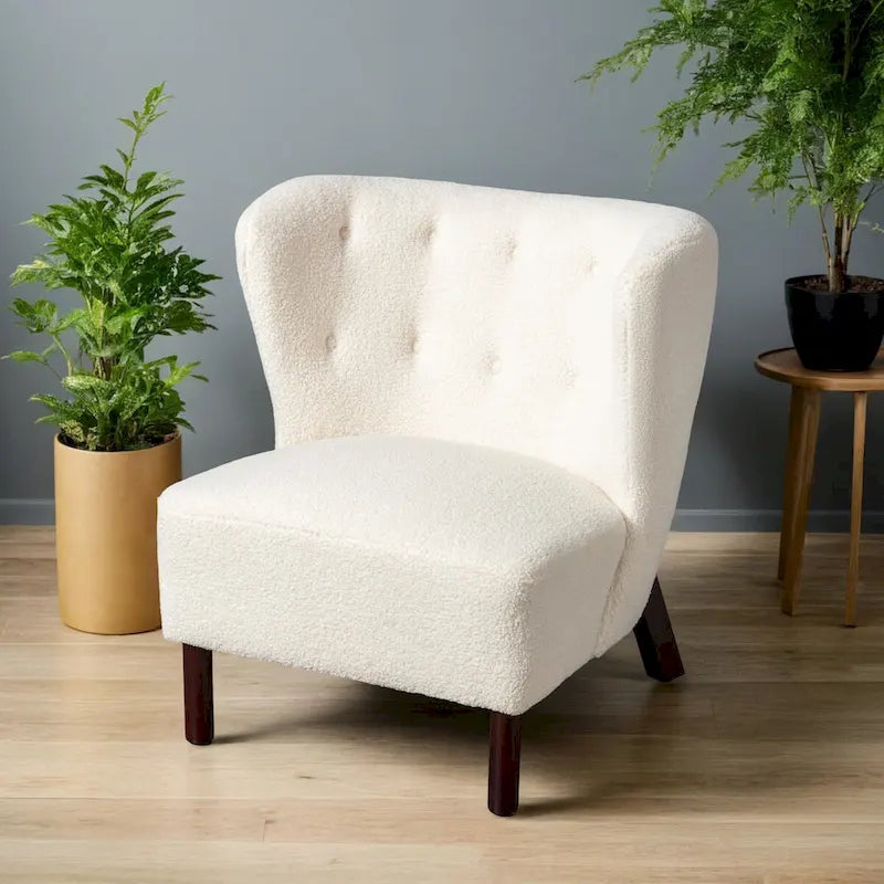 Fauteuil d'appoint sans accoudoirs, en tissu bouclette capitonné, avec pieds en bois de noyer, revêtement en sherpa