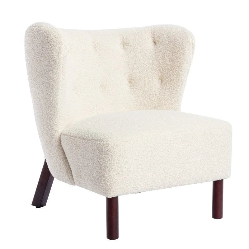 Fauteuil d'appoint sans accoudoirs, en tissu bouclette capitonné, avec pieds en bois de noyer, revêtement en sherpa