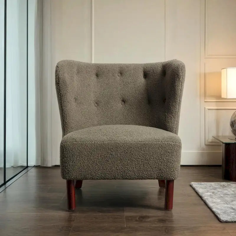 Fauteuil d'appoint sans accoudoirs, en tissu bouclette capitonné, avec pieds en bois de noyer, revêtement en sherpa
