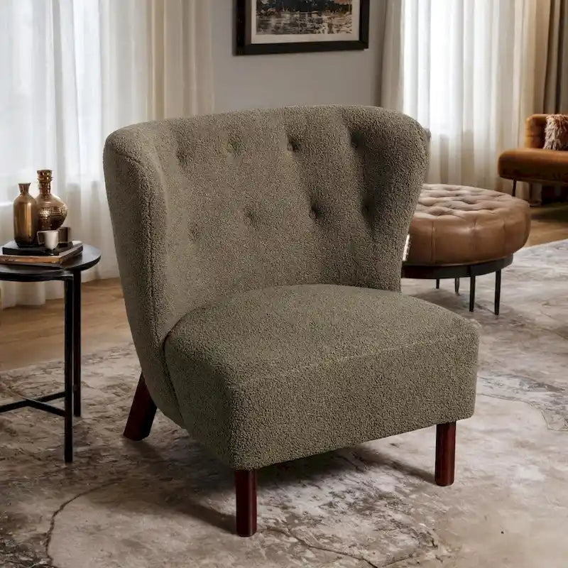 Fauteuil d'appoint sans accoudoirs, en tissu bouclette capitonné, avec pieds en bois de noyer, revêtement en sherpa