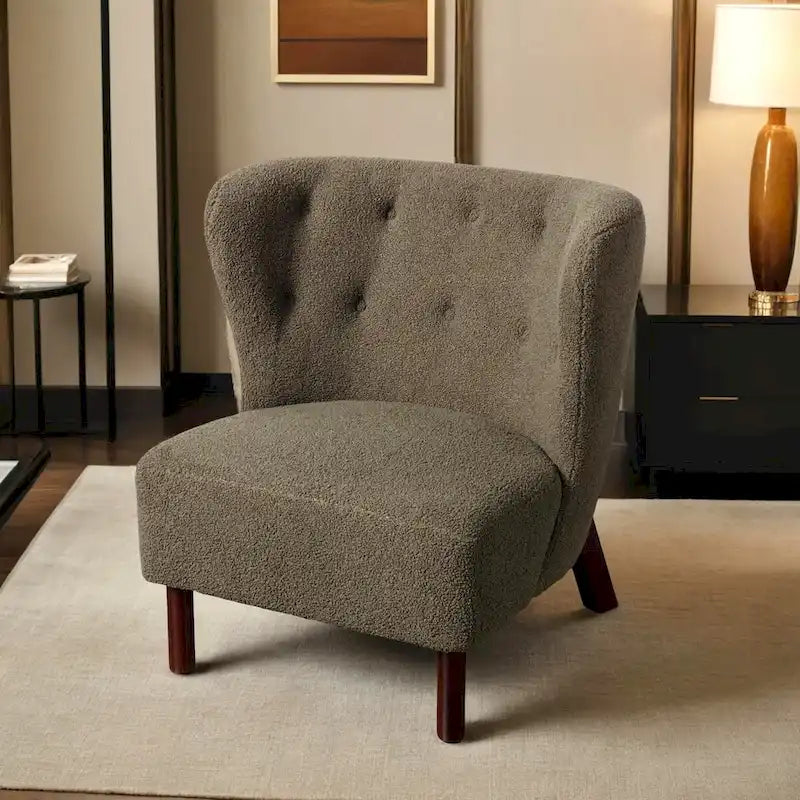 Fauteuil d'appoint sans accoudoirs, en tissu bouclette capitonné, avec pieds en bois de noyer, revêtement en sherpa