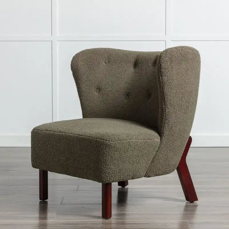 Fauteuil d'appoint sans accoudoirs, en tissu bouclette capitonné, avec pieds en bois de noyer, revêtement en sherpa