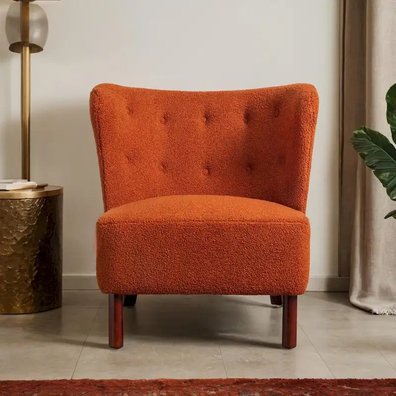 Fauteuil d'appoint sans accoudoirs, en tissu bouclette capitonné, avec pieds en bois de noyer, revêtement en sherpa