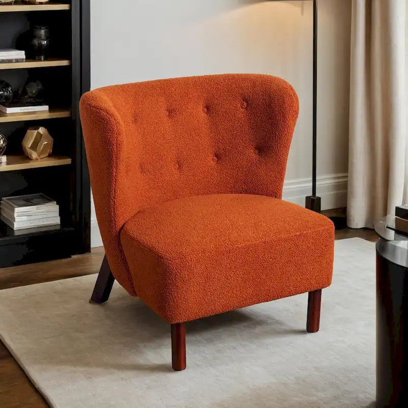 Fauteuil d'appoint sans accoudoirs, en tissu bouclette capitonné, avec pieds en bois de noyer, revêtement en sherpa