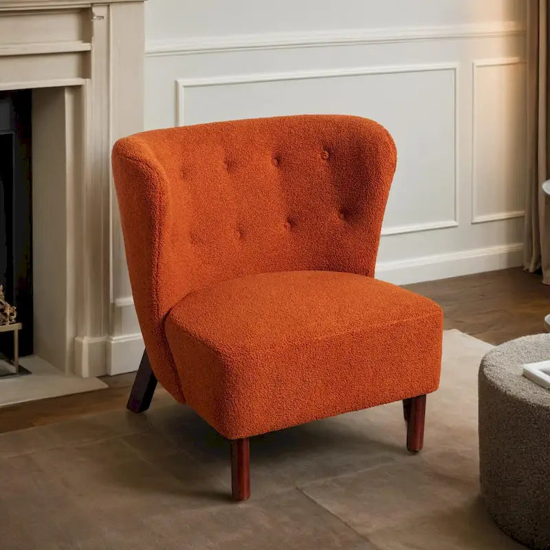 Fauteuil d'appoint sans accoudoirs, en tissu bouclette capitonné, avec pieds en bois de noyer, revêtement en sherpa