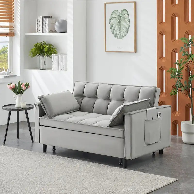 Canapé causeuse en velours avec dossier inclinable, coussins décoratifs, poches latérales