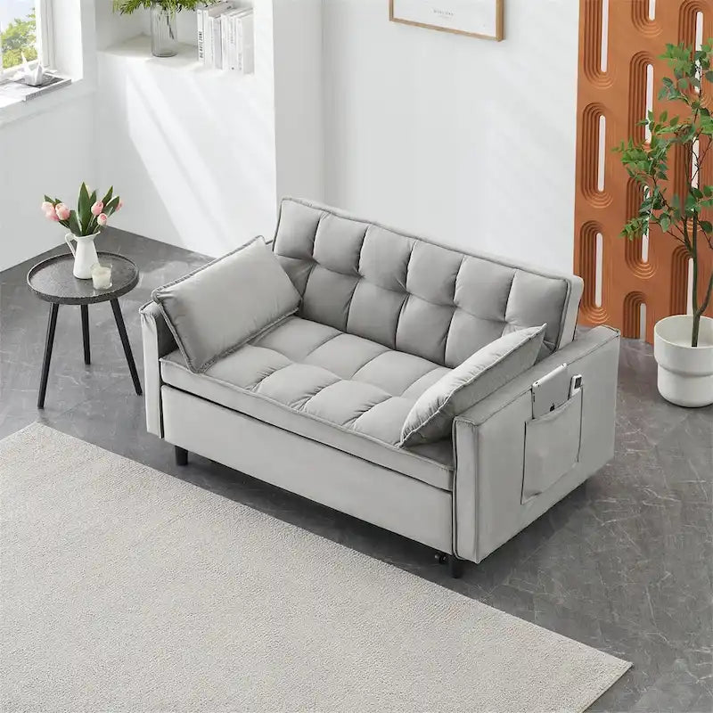 Canapé causeuse en velours avec dossier inclinable, coussins décoratifs, poches latérales
