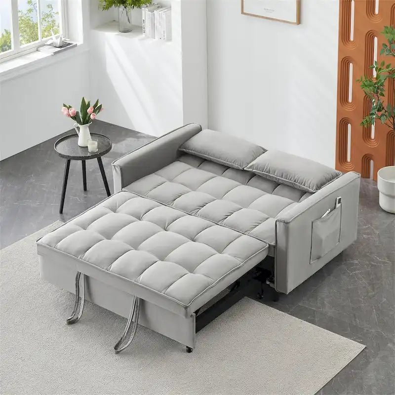 Canapé causeuse en velours avec dossier inclinable, coussins décoratifs, poches latérales