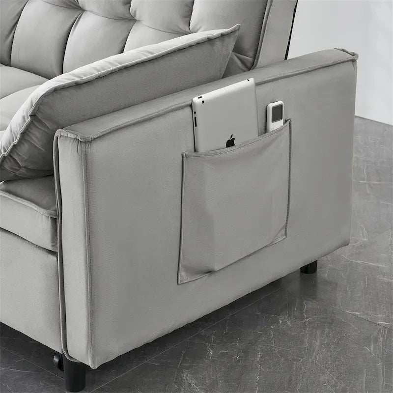 Canapé causeuse en velours avec dossier inclinable, coussins décoratifs, poches latérales