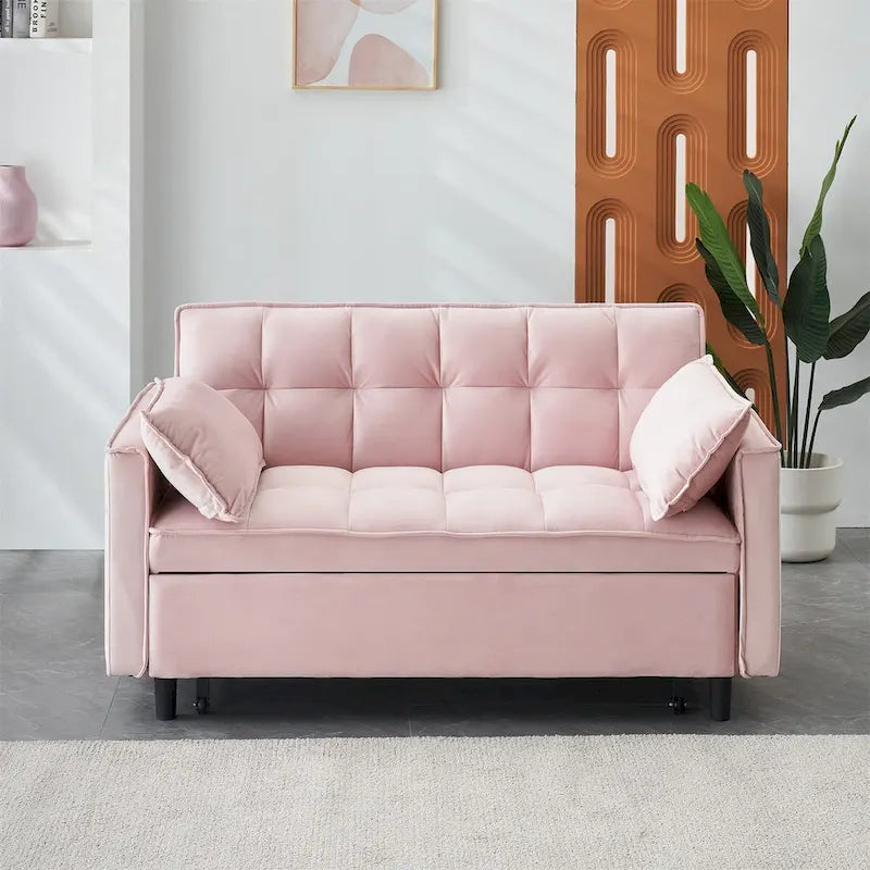 Canapé causeuse en velours avec dossier inclinable, coussins décoratifs, poches latérales