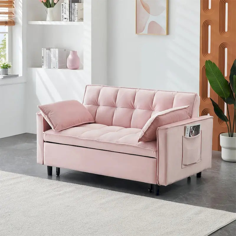 Canapé causeuse en velours avec dossier inclinable, coussins décoratifs, poches latérales