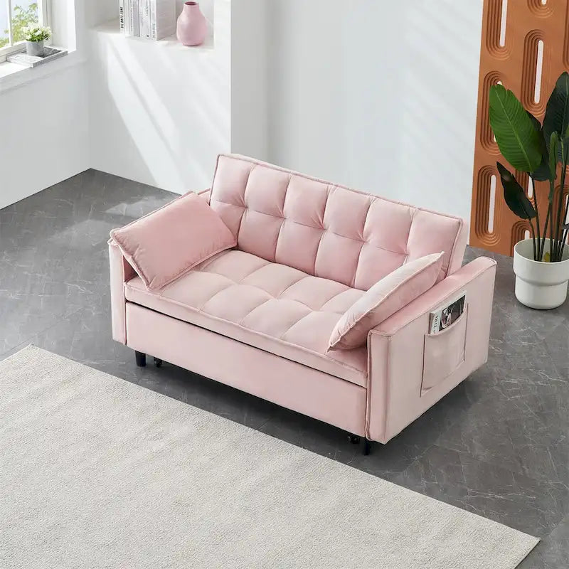 Canapé causeuse en velours avec dossier inclinable, coussins décoratifs, poches latérales