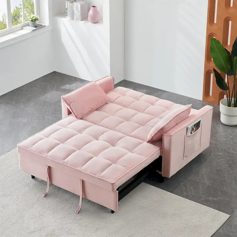 Canapé causeuse en velours avec dossier inclinable, coussins décoratifs, poches latérales