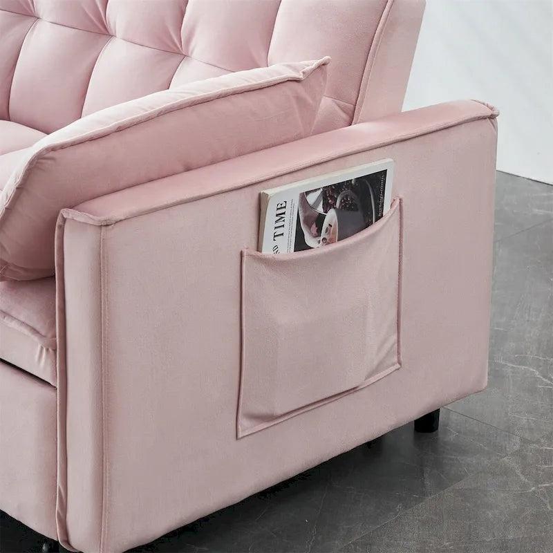 Canapé causeuse en velours avec dossier inclinable, coussins décoratifs, poches latérales