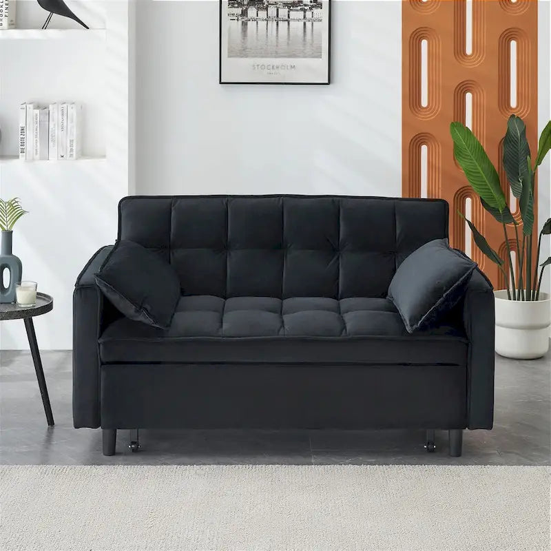 Canapé causeuse en velours avec dossier inclinable, coussins décoratifs, poches latérales