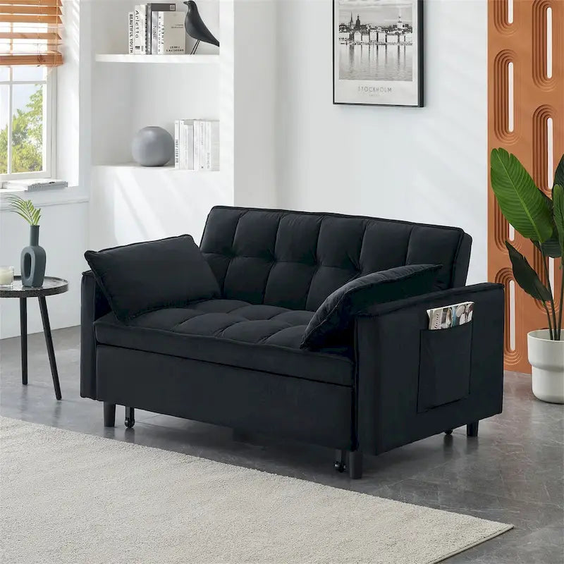 Canapé causeuse en velours avec dossier inclinable, coussins décoratifs, poches latérales