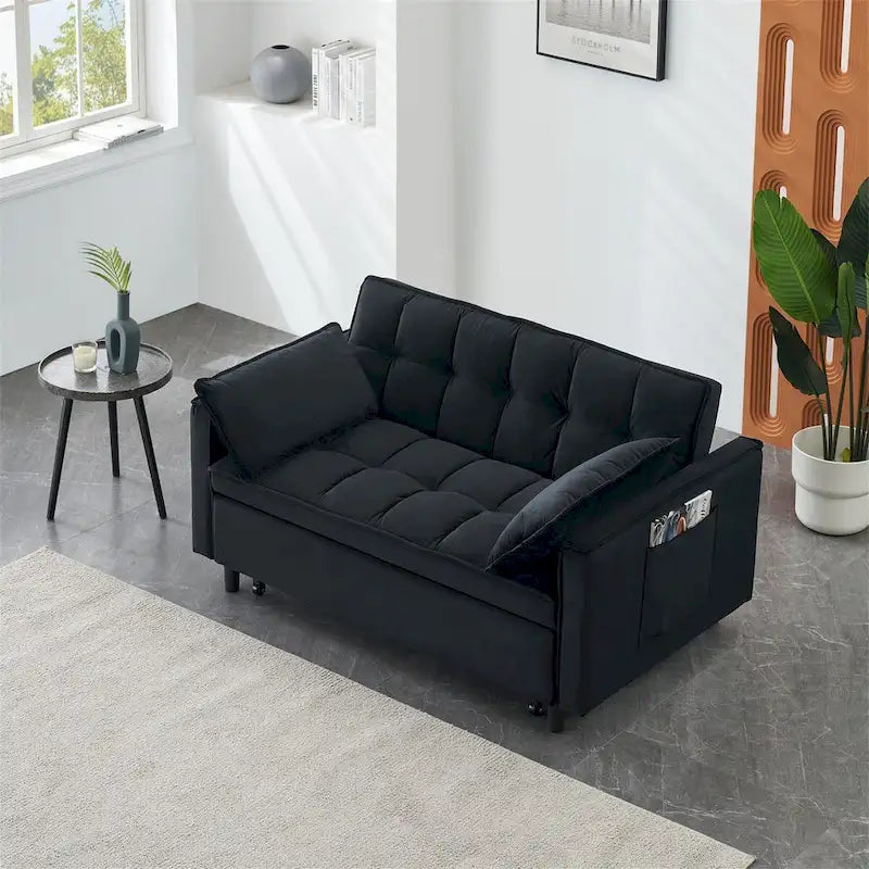 Canapé causeuse en velours avec dossier inclinable, coussins décoratifs, poches latérales