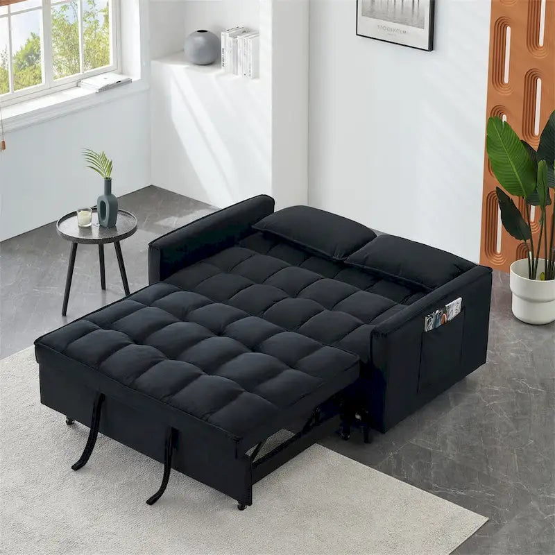 Canapé causeuse en velours avec dossier inclinable, coussins décoratifs, poches latérales
