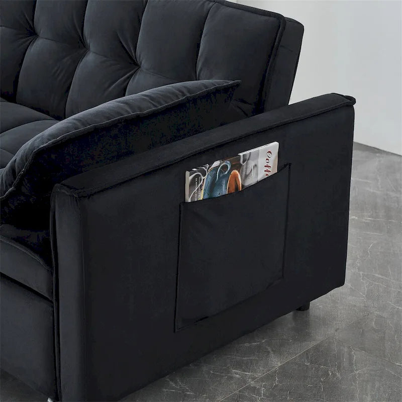 Canapé causeuse en velours avec dossier inclinable, coussins décoratifs, poches latérales