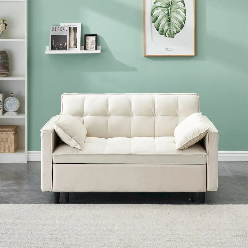 Canapé causeuse en velours avec dossier inclinable, coussins décoratifs, poches latérales