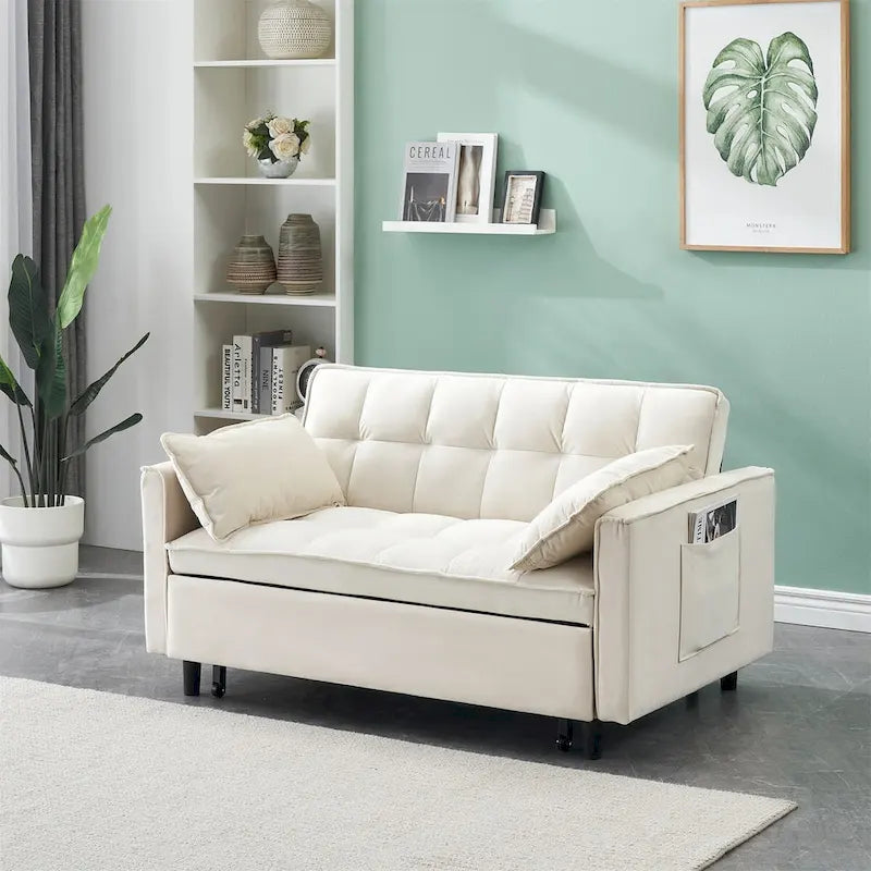 Canapé causeuse en velours avec dossier inclinable, coussins décoratifs, poches latérales
