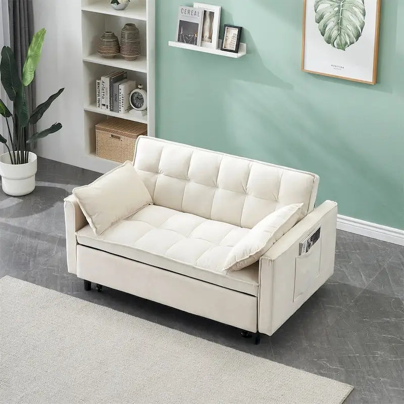Canapé causeuse en velours avec dossier inclinable, coussins décoratifs, poches latérales