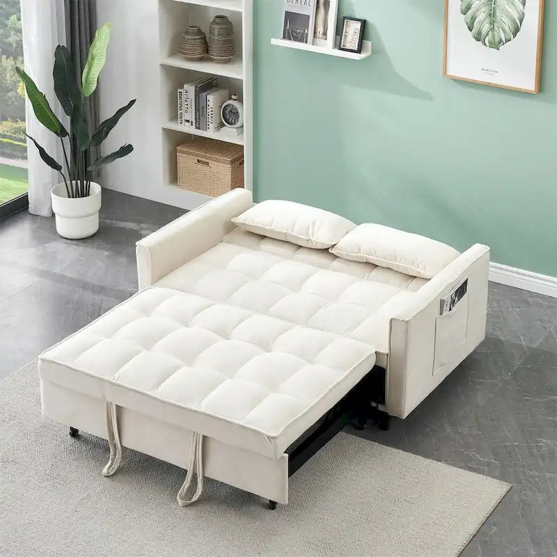 Canapé causeuse en velours avec dossier inclinable, coussins décoratifs, poches latérales