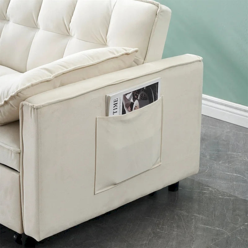Canapé causeuse en velours avec dossier inclinable, coussins décoratifs, poches latérales