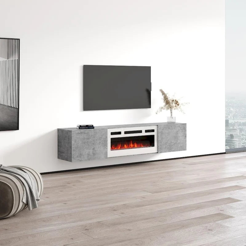 Meuble TV mural flottant avec foyer électrique, fini mat