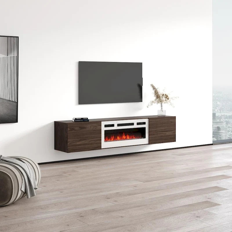 Meuble TV mural flottant avec foyer électrique, fini mat