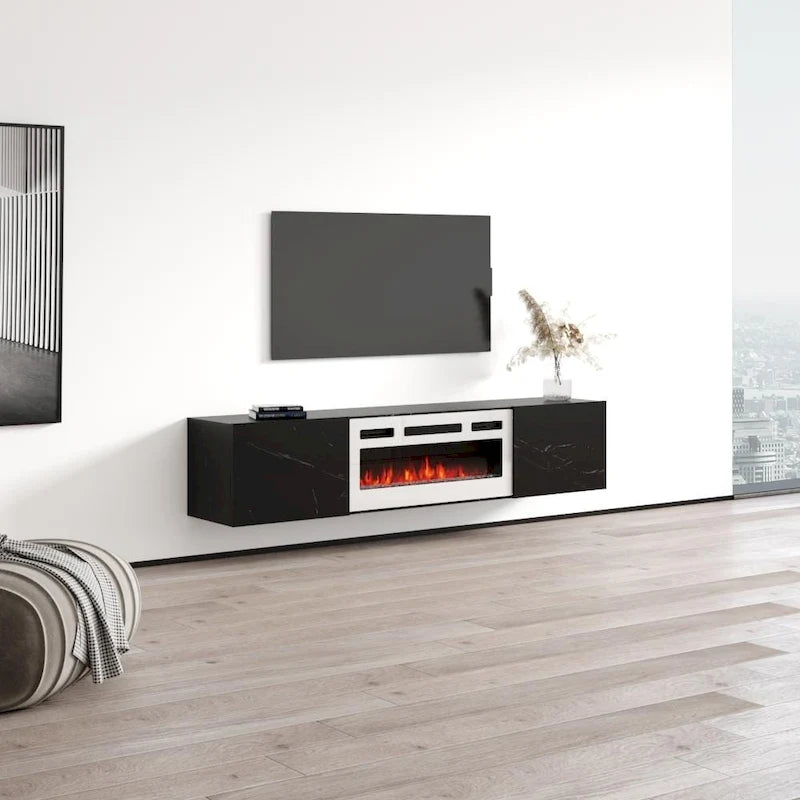 Meuble TV mural flottant avec foyer électrique, fini mat