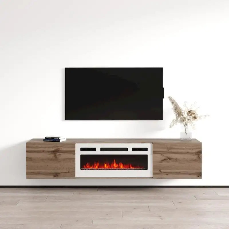 Meuble TV mural flottant avec foyer électrique, fini mat