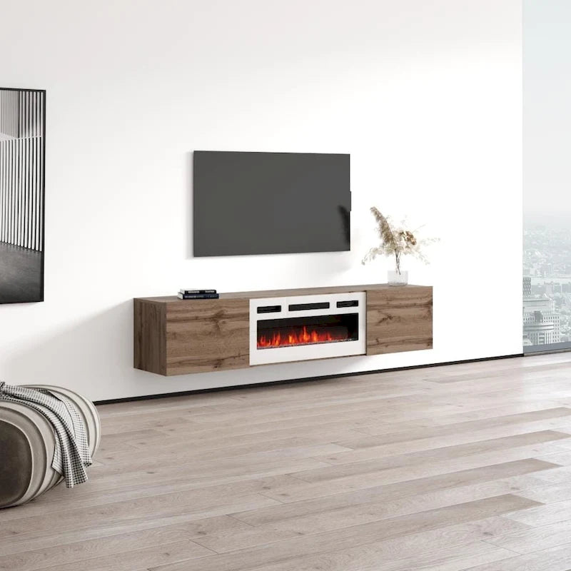 Meuble TV mural flottant avec foyer électrique, fini mat