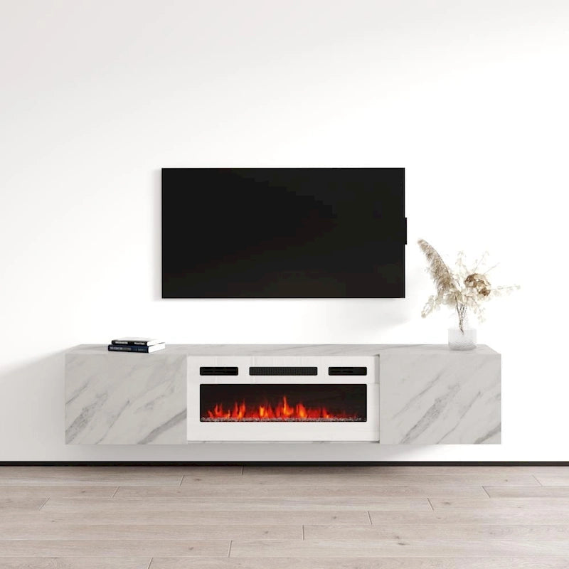 Meuble TV mural flottant avec foyer électrique, fini mat