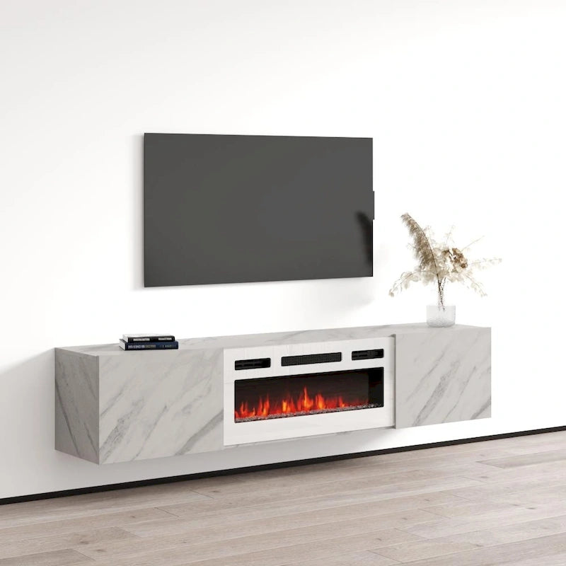 Meuble TV mural flottant avec foyer électrique, fini mat
