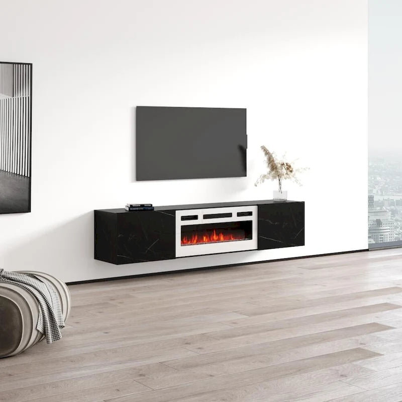 Meuble TV mural flottant avec foyer électrique, fini mat