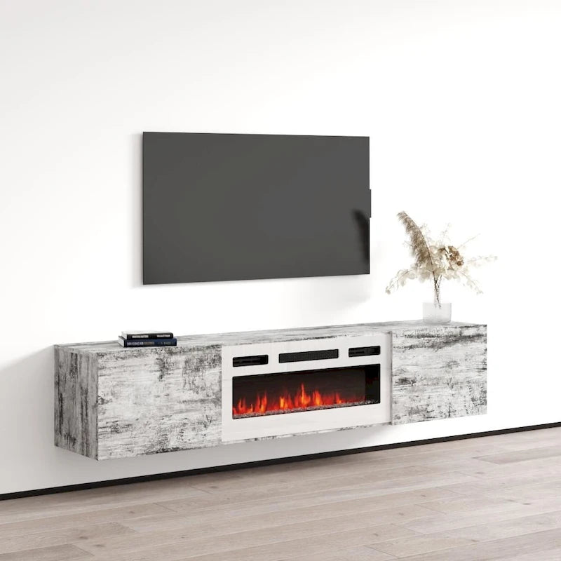 Meuble TV mural flottant avec foyer électrique, fini mat