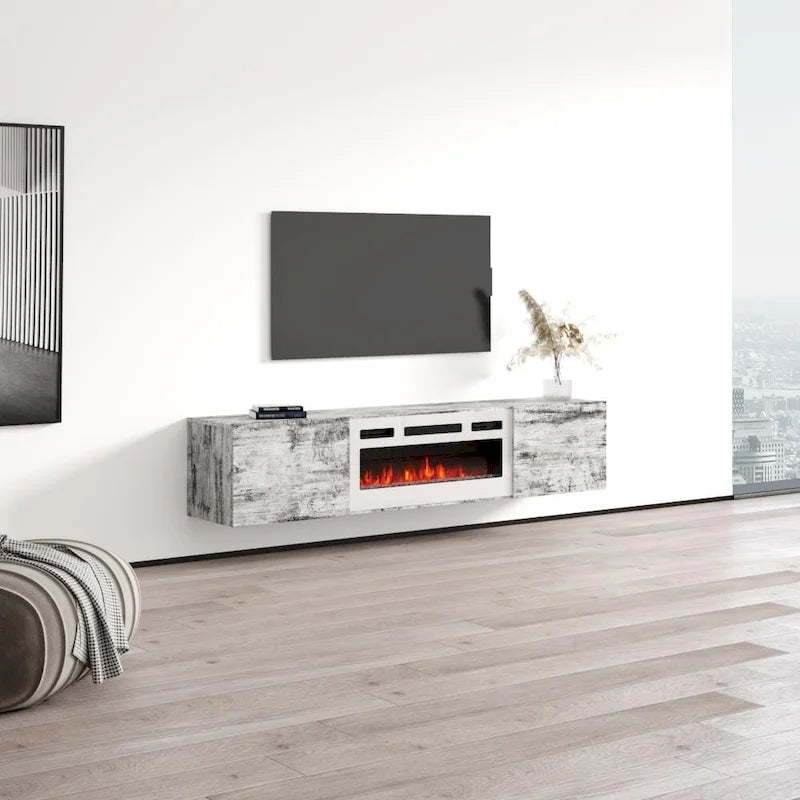 Meuble TV mural flottant avec foyer électrique, fini mat